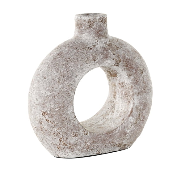 DecMode 12" Antique Style Textured Circle Donut Cream Ceramic Vase