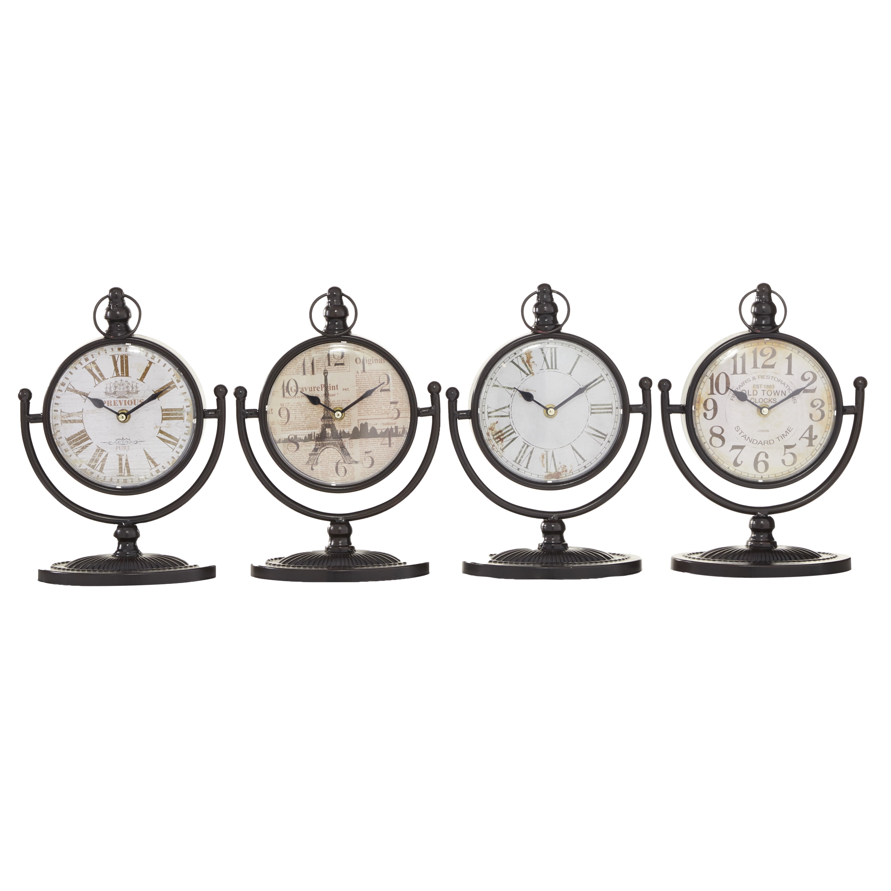 DecMode 12" Black Metal Clock with Swing Stand, Set of 4