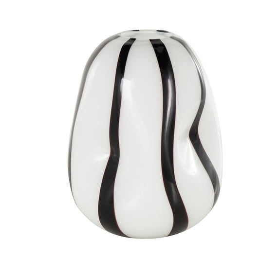 DecMode 12" Concaved Round White Glass Vase with Black Stripes