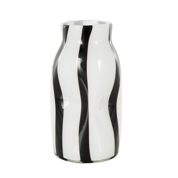 DecMode 12" Concaved Round White Glass Vase with Black Stripes