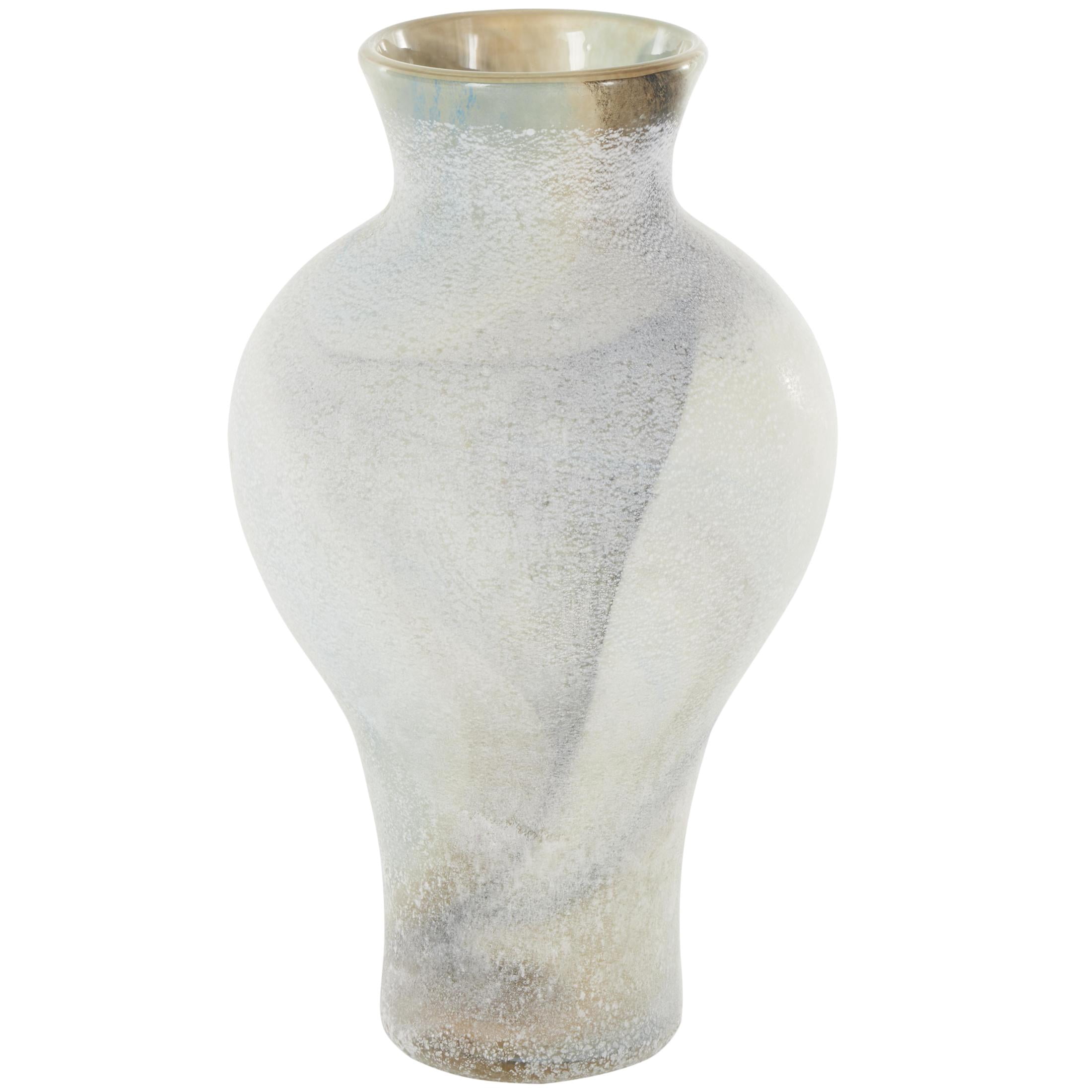 DecMode 12" Distressed Cream Glass Vase with Blue and Tan Texturing