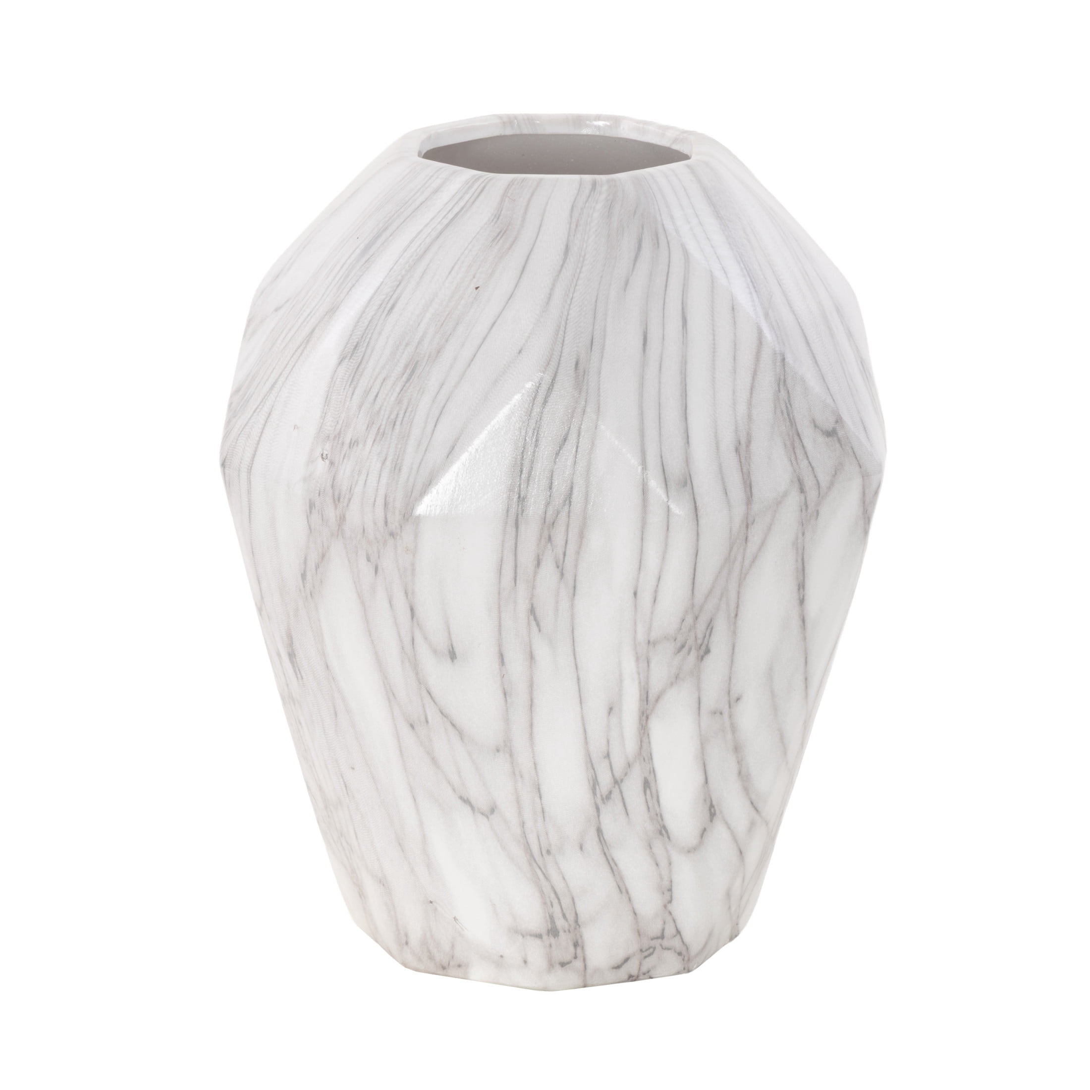 DecMode 12" Faux Marble White Ceramic Vase