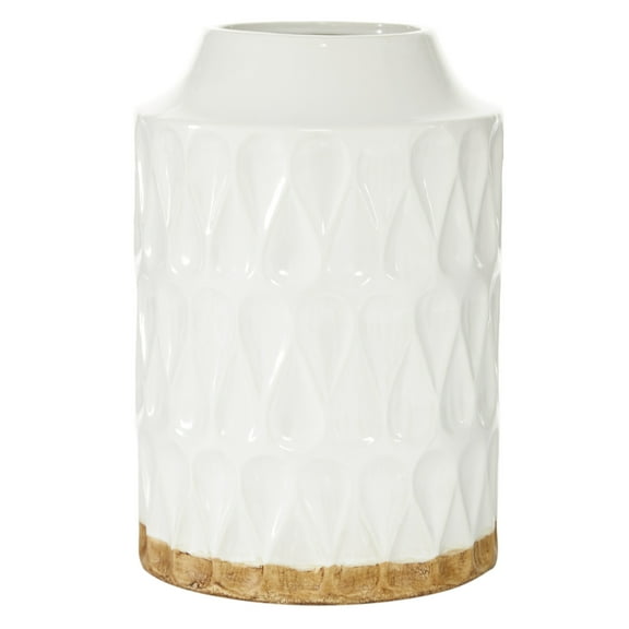 DecMode 12" Geometric White Porcelain Vase with Brown Base