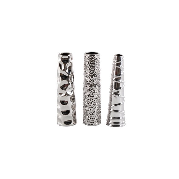 DecMode 12"H, 3"W Geometric Slim Cone Shaped Silver Ceramic Vase with Varying Textures, Set of 3