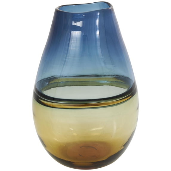 DecMode 12" Handmade Ombre Blue Glass Vase with Yellow Base