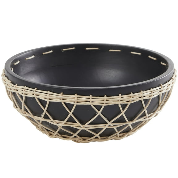 DecMode 12" Handmade Round Black Mango Wood Decorative Bowl with Woven Rope Accents