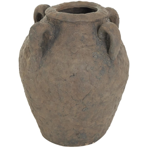 DecMode 12" Handmade Textured Dark Brown Ceramic Vase with Four Handles