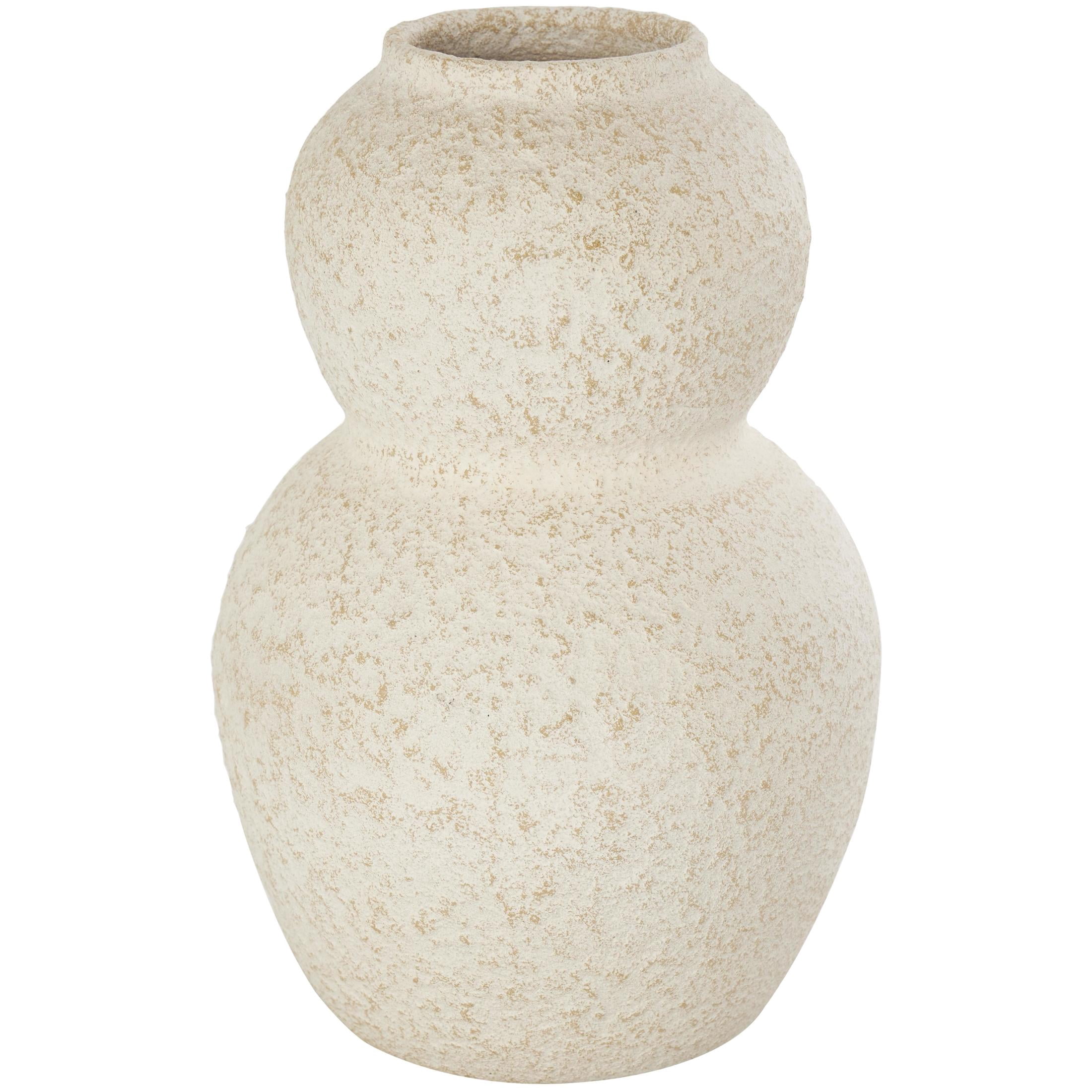 DecMode 12" Hourglass Textured Cream Ceramic Vase with Brown Distressing