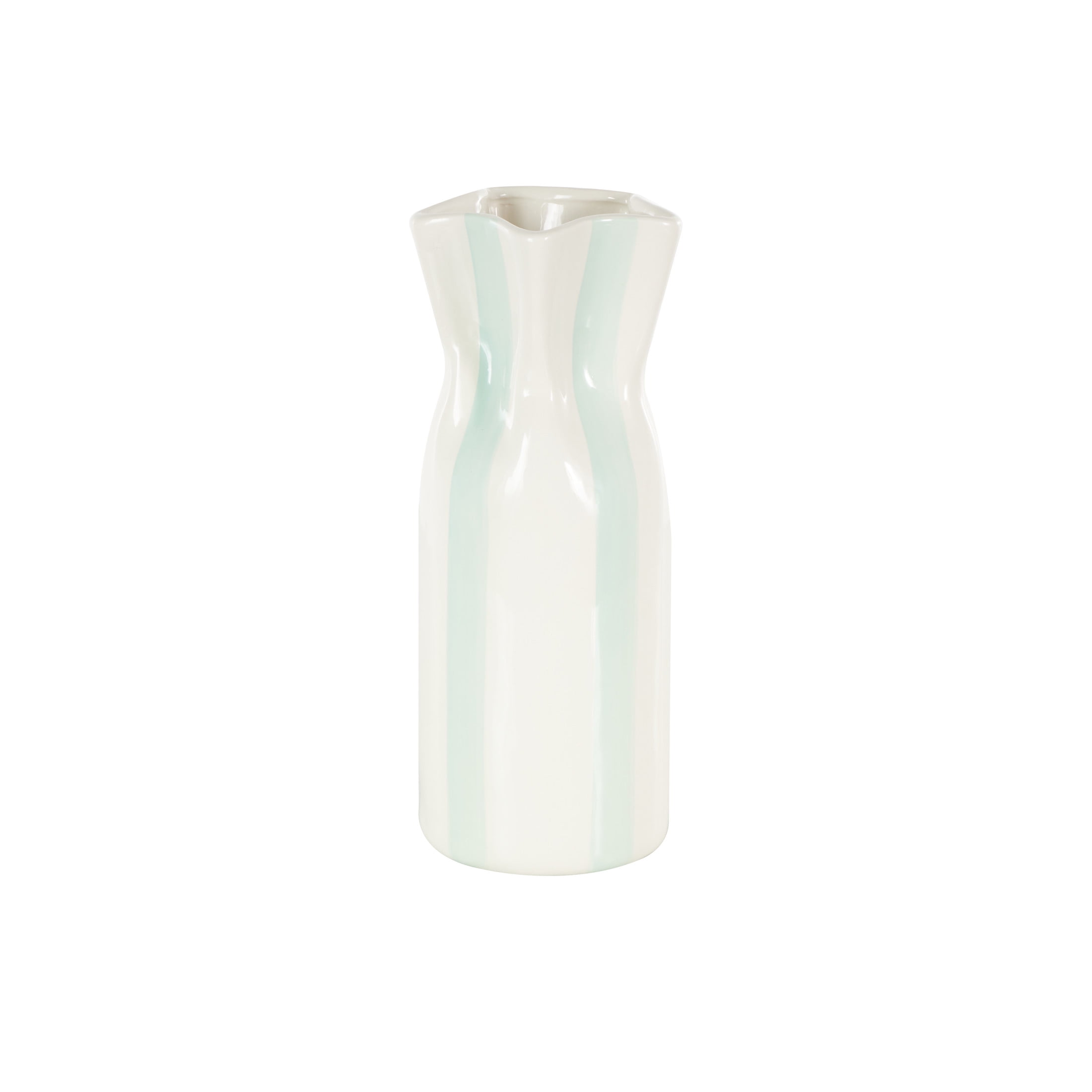 DecMode 12" Round Light Blue Ceramic Vase with White Vertical Stripes