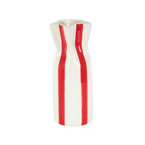DecMode 12" Round Red Ceramic Vase with White Vertical Stripes