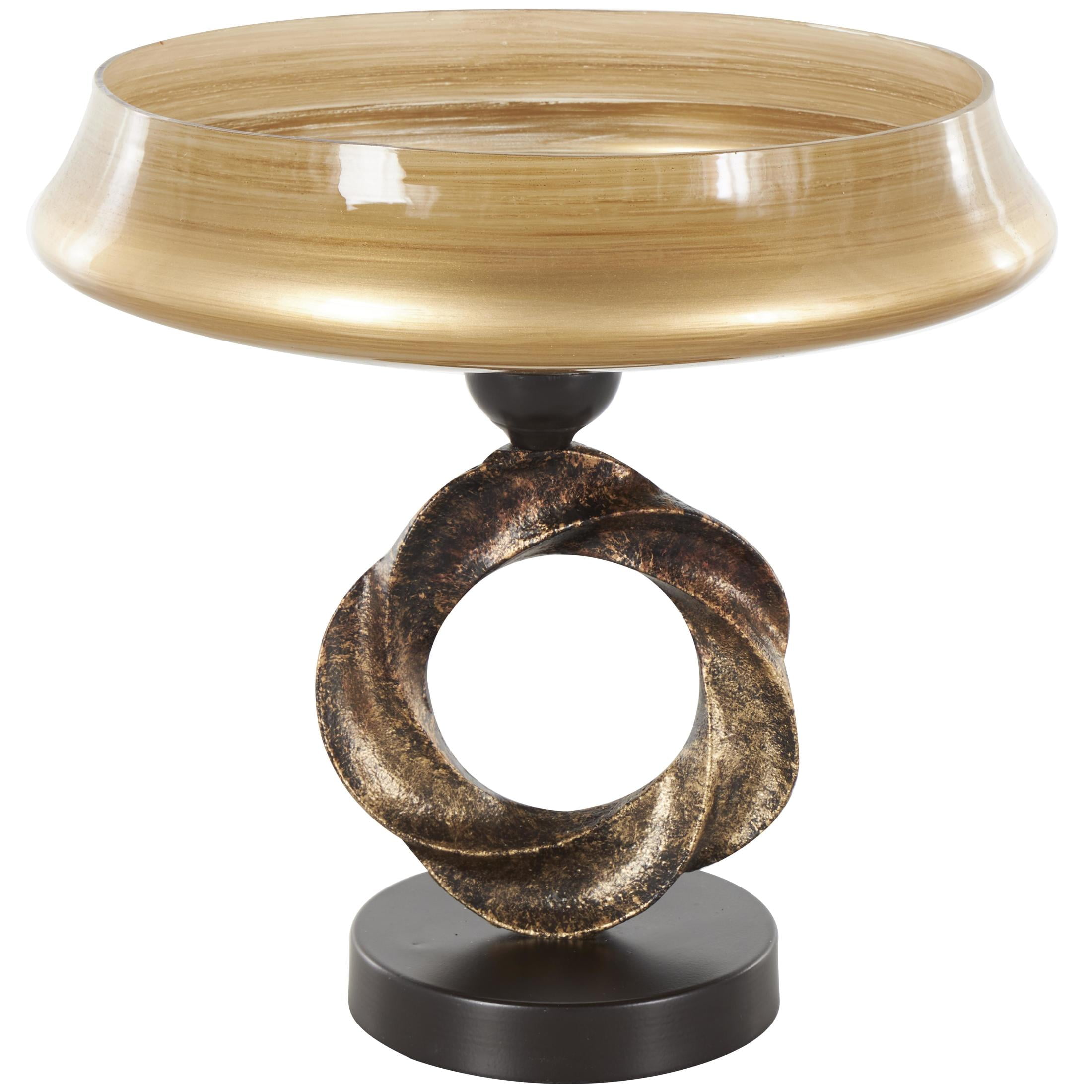 DecMode 12" Round Wide Brushed Brown Glass Decorative Bowl with Textured Bronze and Black Ring Base