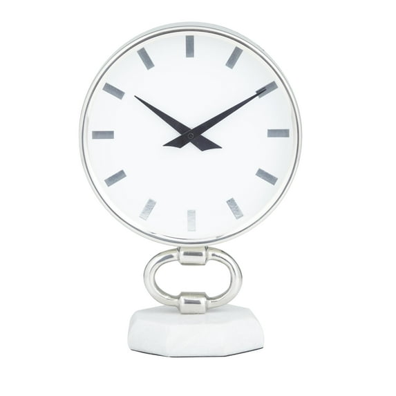 DecMode 12" Silver Stainless Steel Metal Clock with Marble Base
