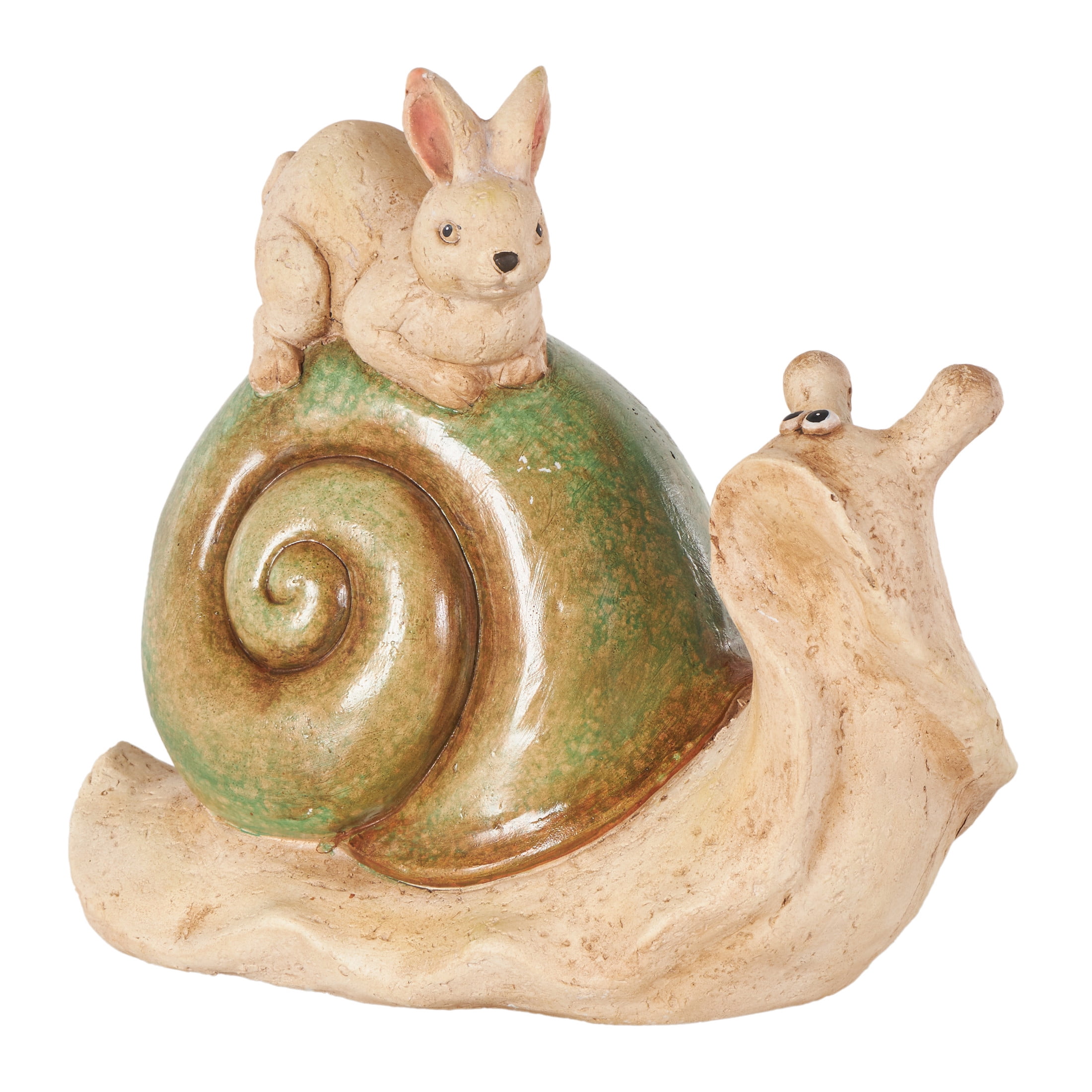 DecMode 12" Snail Garden Sculpture with Rabbit and Green Accents