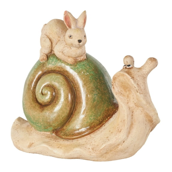 DecMode 12" Snail Garden Sculpture with Rabbit and Green Accents
