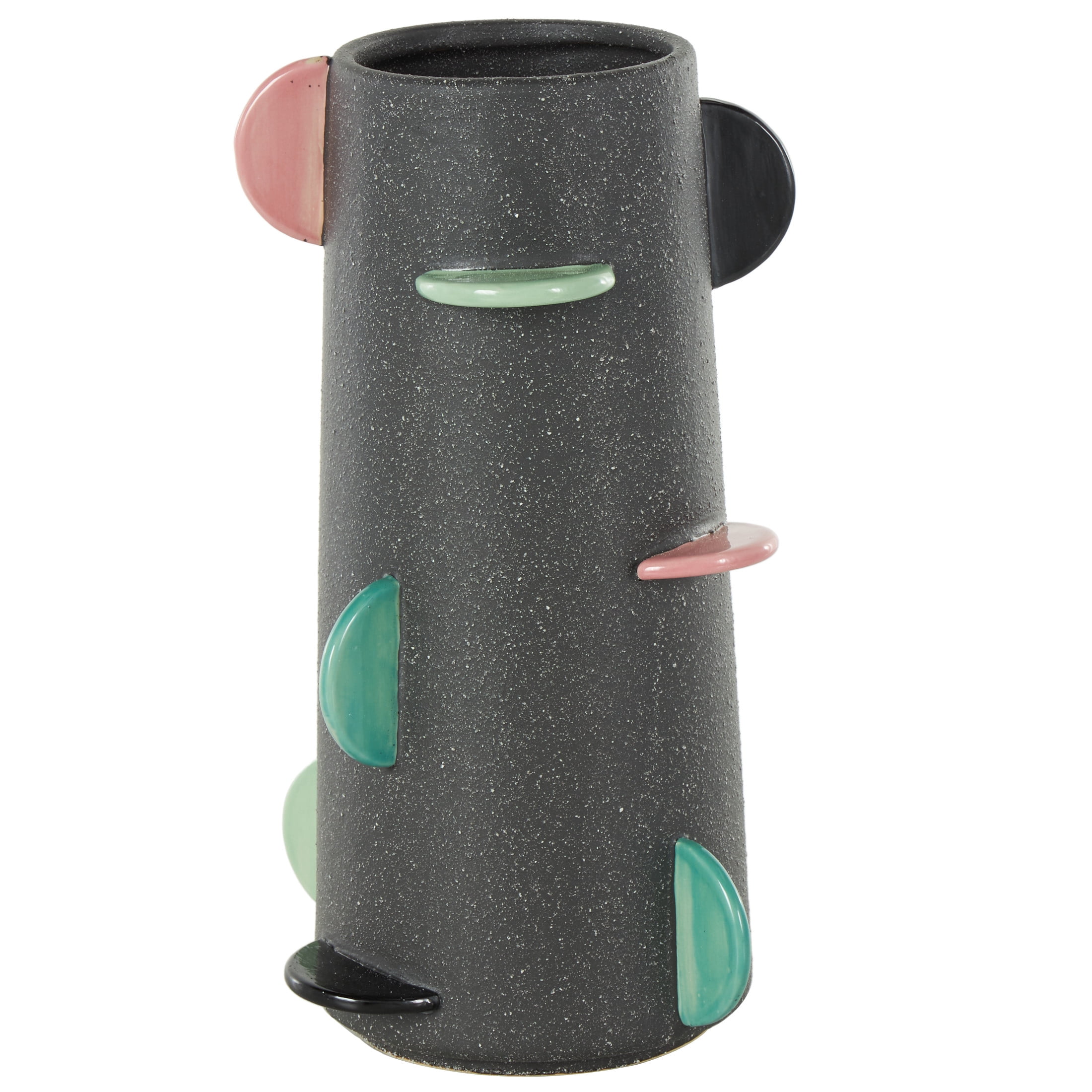 DecMode 12" Textured Black Ceramic Vase with Multicolor Half-Moon Accents