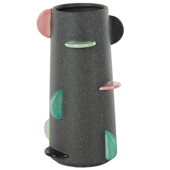 DecMode 12" Textured Black Ceramic Vase with Multicolor Half-Moon Accents