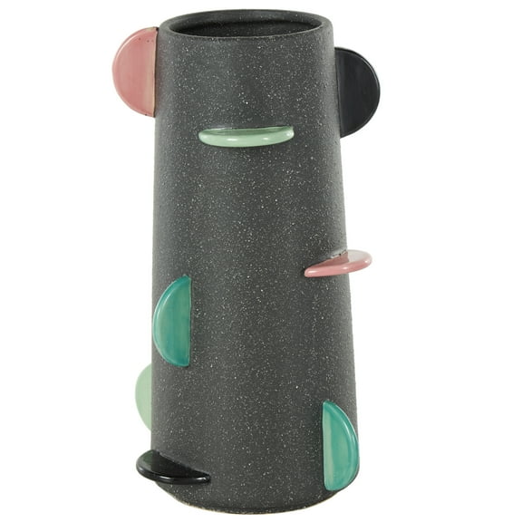 DecMode 12" Textured Black Ceramic Vase with Multicolor Half-Moon Accents