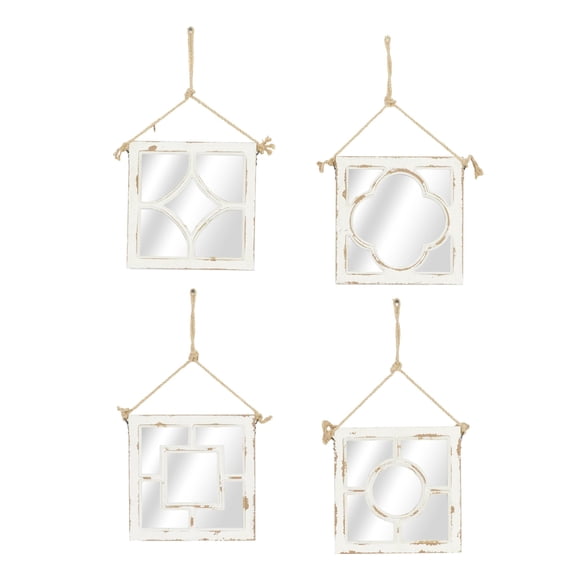 DecMode 12"W, 12"H White Distressed Small Square Geometric Wall Mirror with Jute Hanging Rope, Set of 4