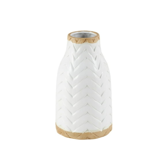 DecMode 12" Geometric White Porcelain Ceramic Vase with Brown Base