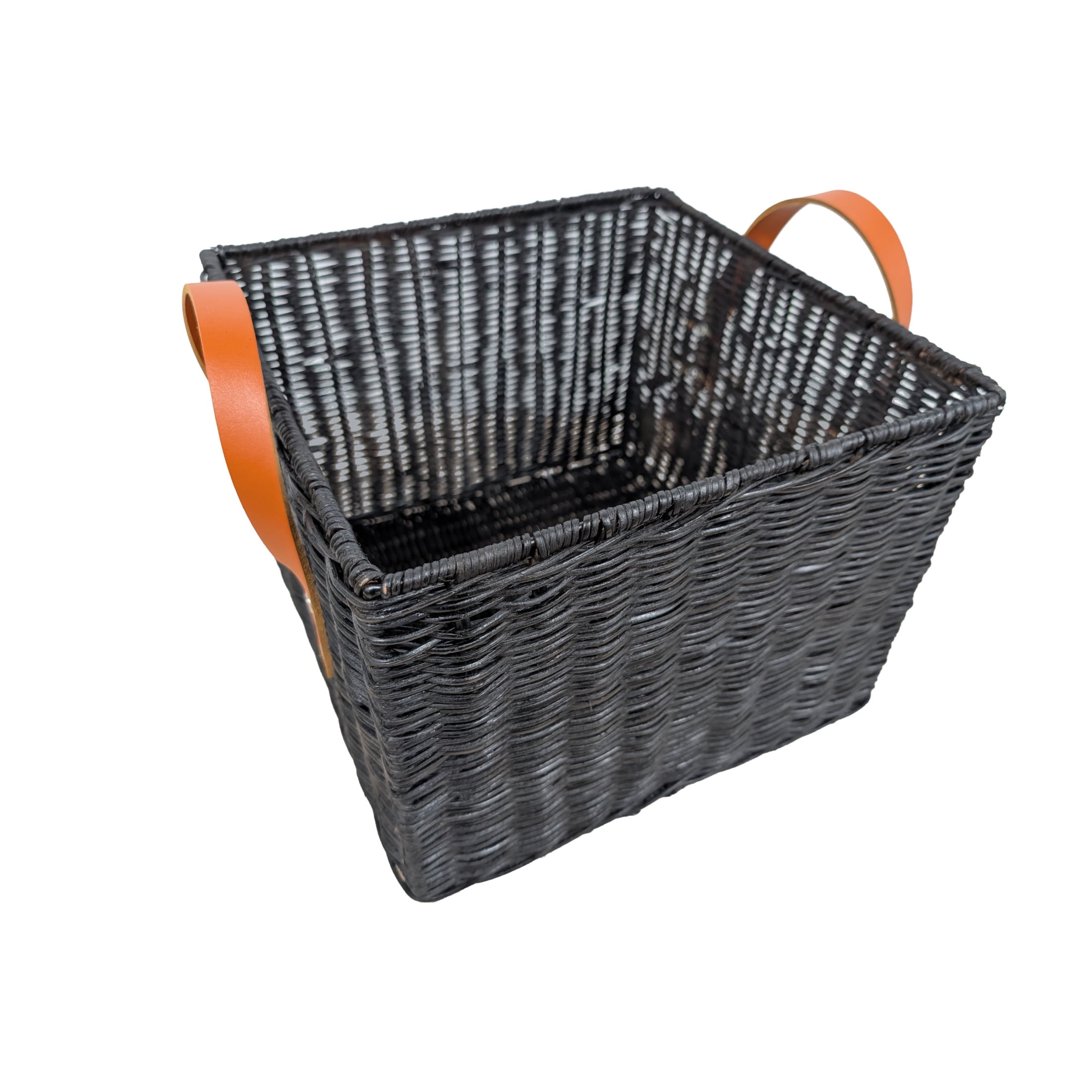 DecMode 12" x 11" Black Rattan Handmade Woven Storage Basket with Brown Leather Handles, 1-Piece