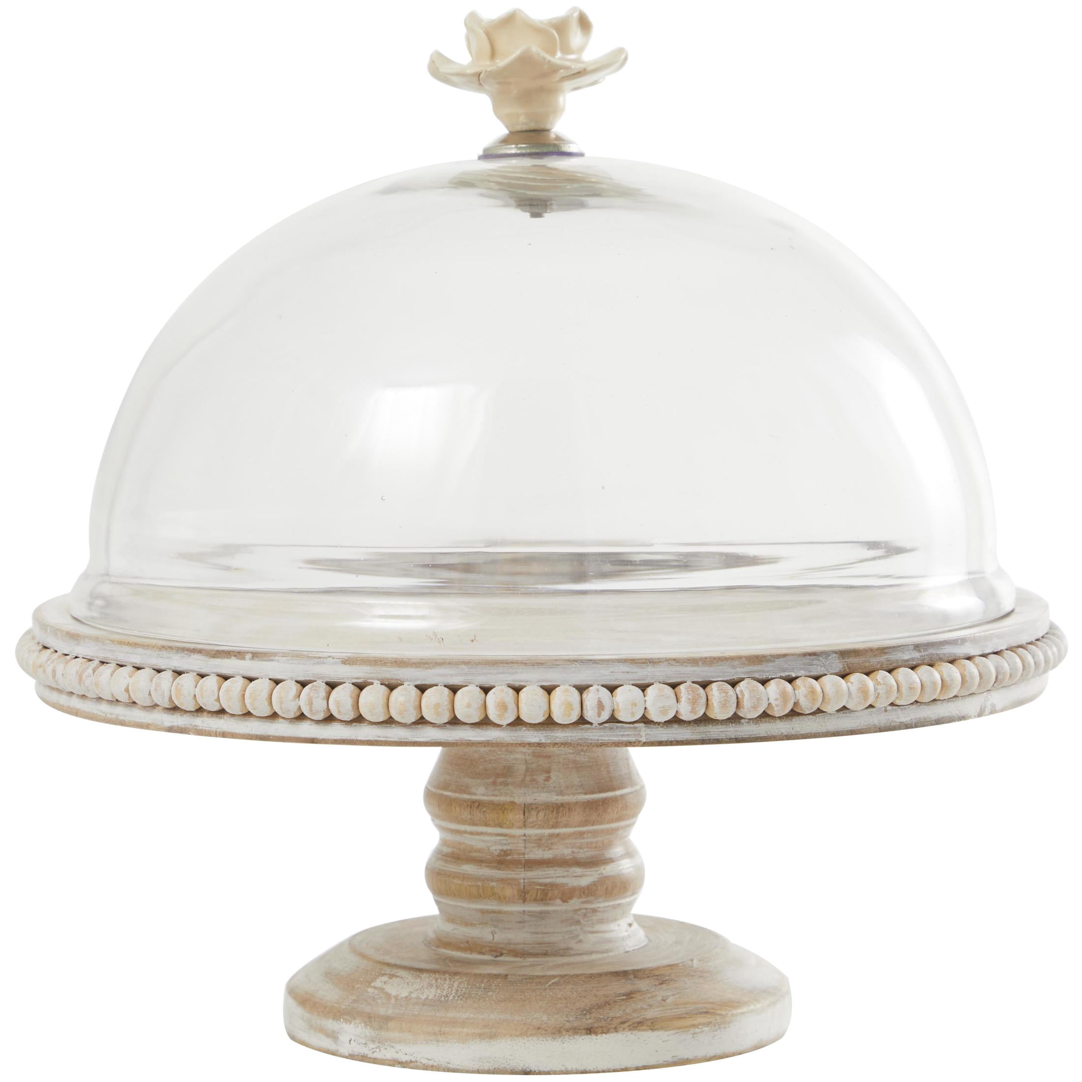 DecMode 12" x 12" Cream Mango Wood Floral Decorative Stand with Glass Dome, 1-Piece