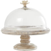 DecMode 12 x 12 Cream Mango Wood Floral Decorative Stand with Glass Dome, 1-Piece