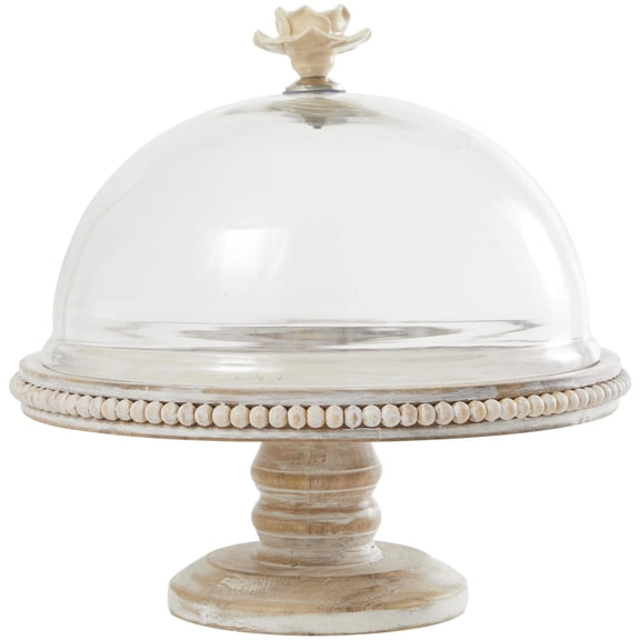 DecMode 12" x 12" Cream Mango Wood Floral Decorative Stand with Glass Dome, 1-Piece