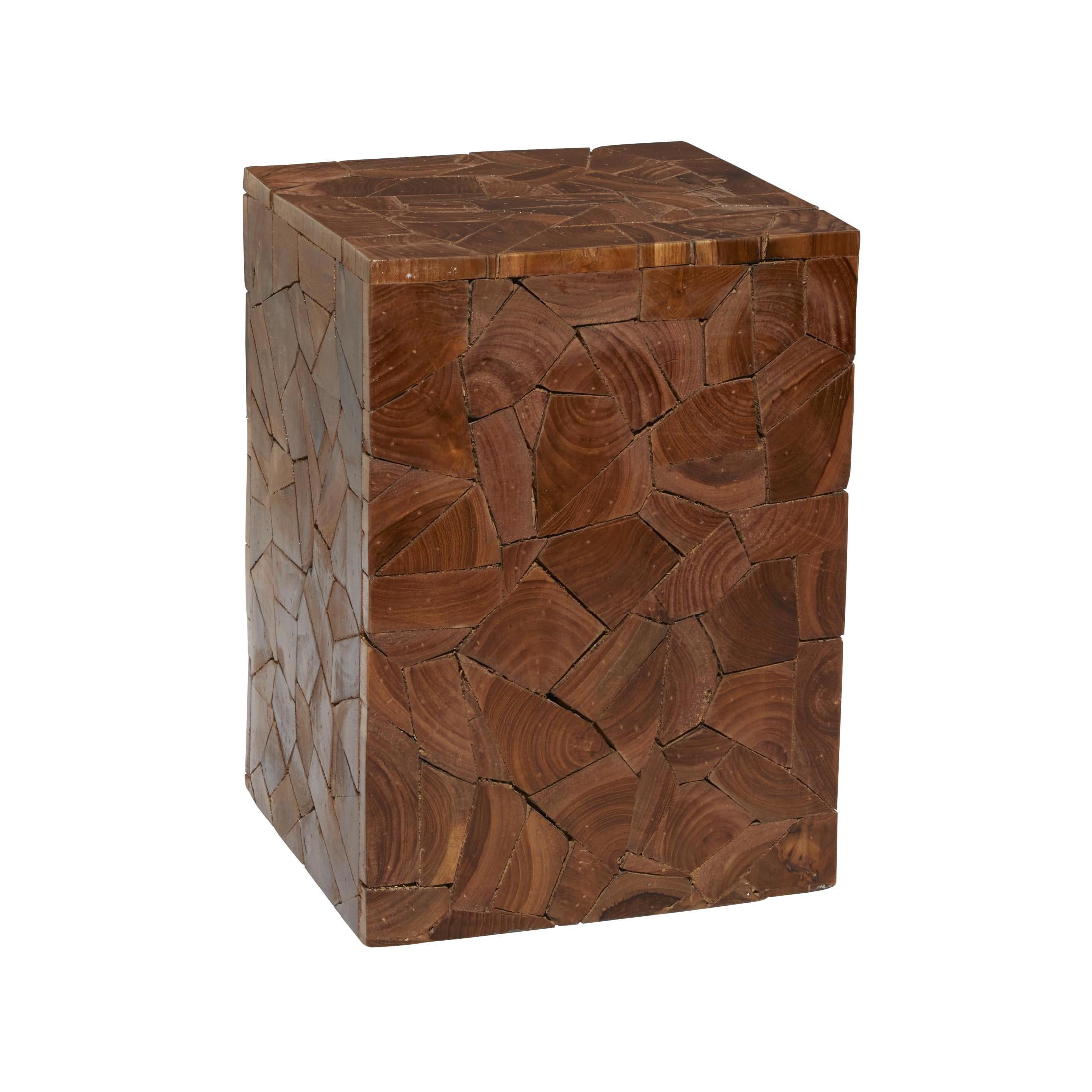 DecMode 12" x 16" Brown Teak Wood Handmade Square Block Accent Table with Mosaic Wood Chip Design, 1-Piece