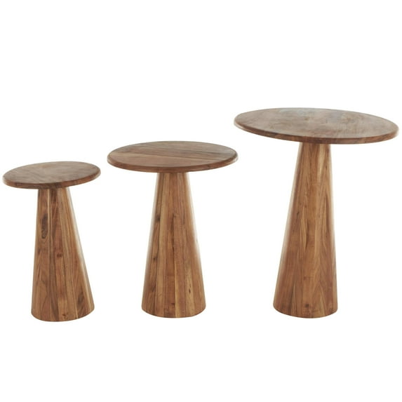 DecMode 12" x 16" Brown Wood Accent Table with Natural Wood Grains and Cone Shaped Bases, 3-Pieces