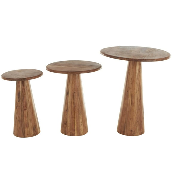 DecMode 12" x 16" Brown Wood Accent Table with Natural Wood Grains and Cone Shaped Bases, 3-Pieces