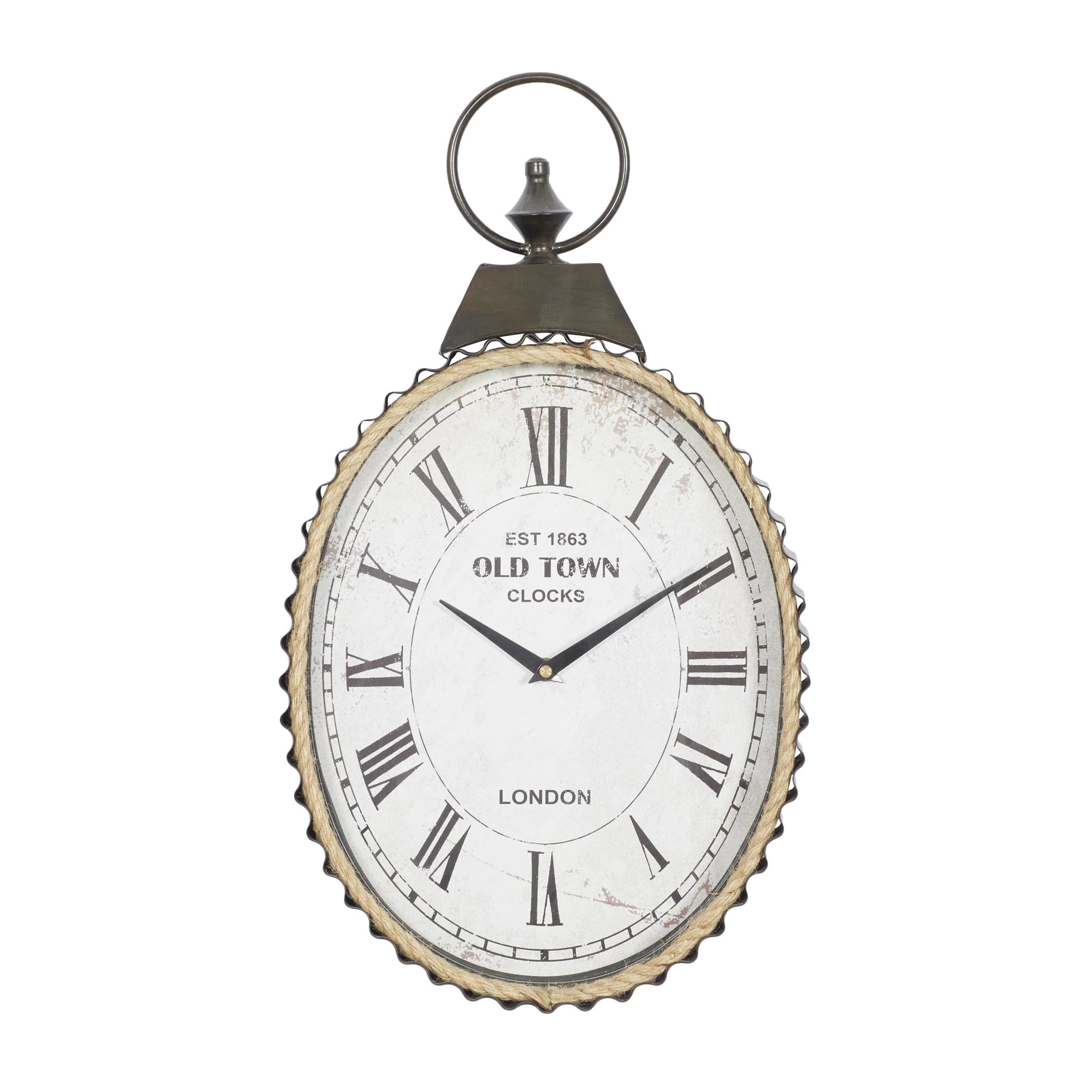 DecMode 12" x 21" Black Metal Finial Pocket Watch Style Wall Clock with Rope Accent