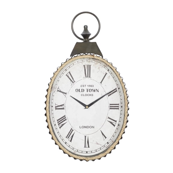 DecMode 12" x 21" Black Metal Finial Pocket Watch Style Wall Clock with Rope Accent