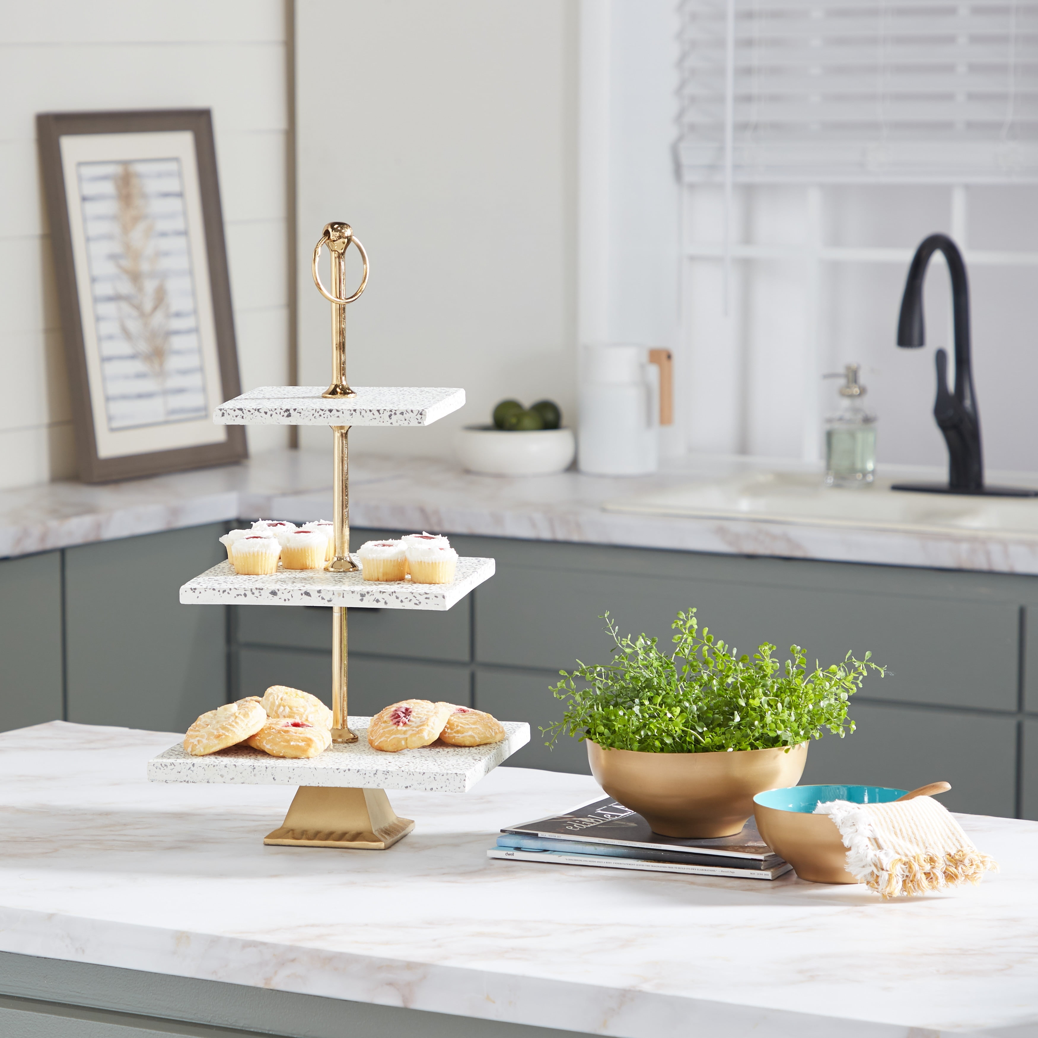 DecMode 12" x 22" White Ceramic Terrazzo 3 Tiered Server with Gold Base, 1-Piece