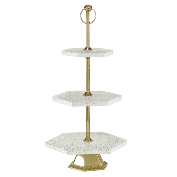 DecMode 12" x 23" White Ceramic Terrazzo 3 Tiered Server with Gold Base, 1-Piece