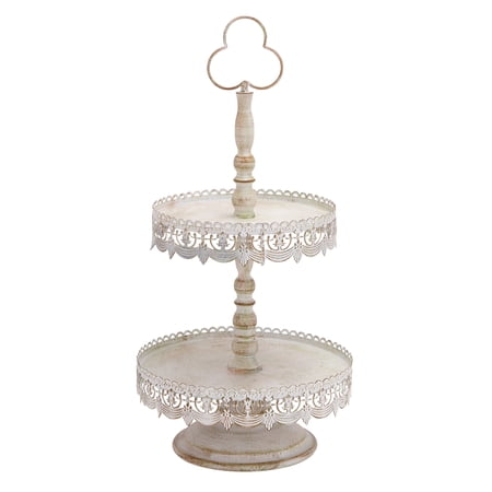 DecMode 12" x 24" White Metal 2 Tiered Server with Lace Inspired Edge, 1-Piece