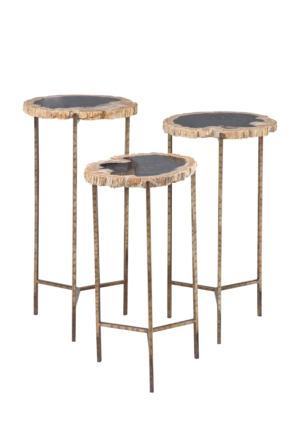 DecMode 12" x 26" Gold Petrified Stone Petrified Wood Accent Table with Gold Base, 3-Pieces