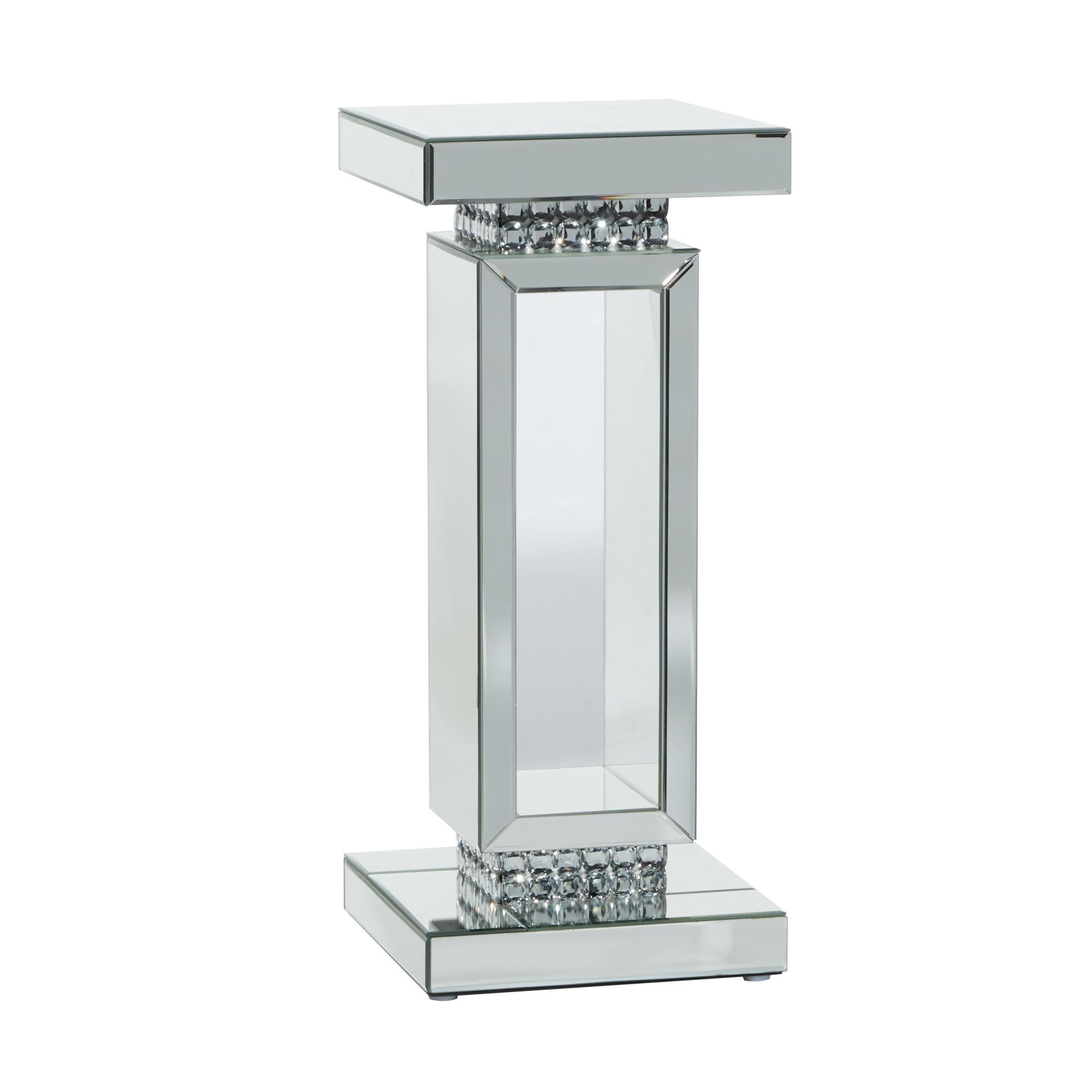 DecMode 12" x 28" Silver Glass Cutout Mirrored Pedestal Table with Beaded Crystal Accents, 1-Piece