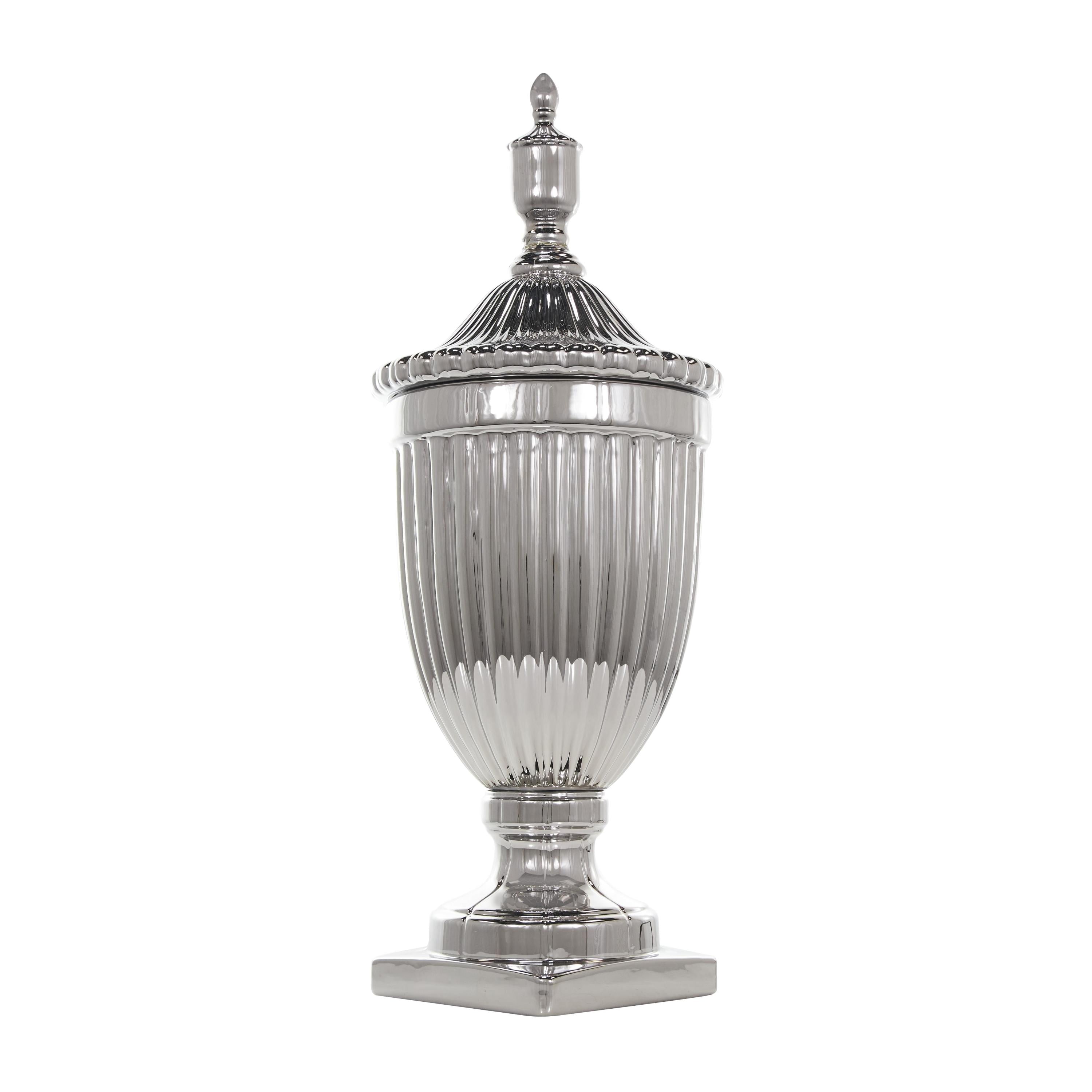 DecMode 12" x 32" Silver Ceramic Tall Decorative Jars with Grooves, 1-Piece
