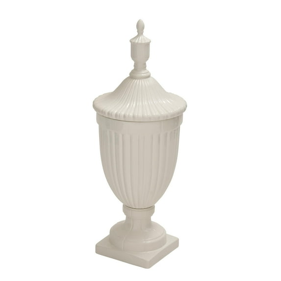 DecMode 12" x 32" White Ceramic Tall Fluted Urn Decorative Jars with Grooves and Lid, 1-Piece