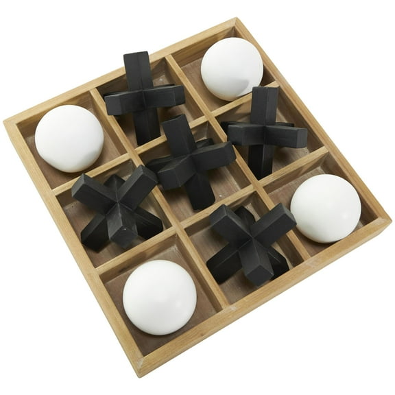 DecMode 12" x 4" Brown Wood Tic Tac Toe Dimensional Game Set with 3D Black and White Game Pieces, 1-Piece