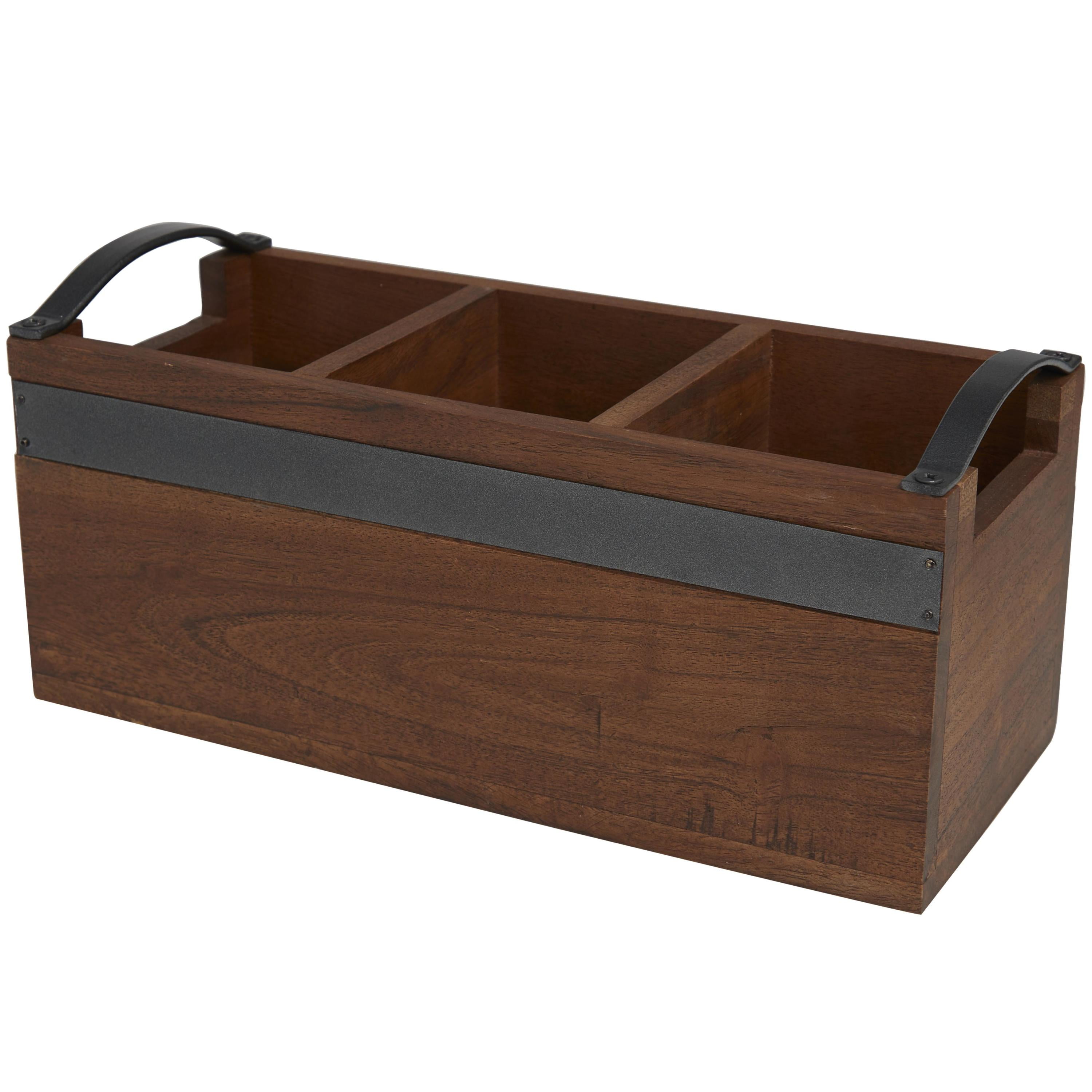 DecMode 12" x 5" Brown Wood 3 Section Tray with Black Metal Handles, 1-Piece