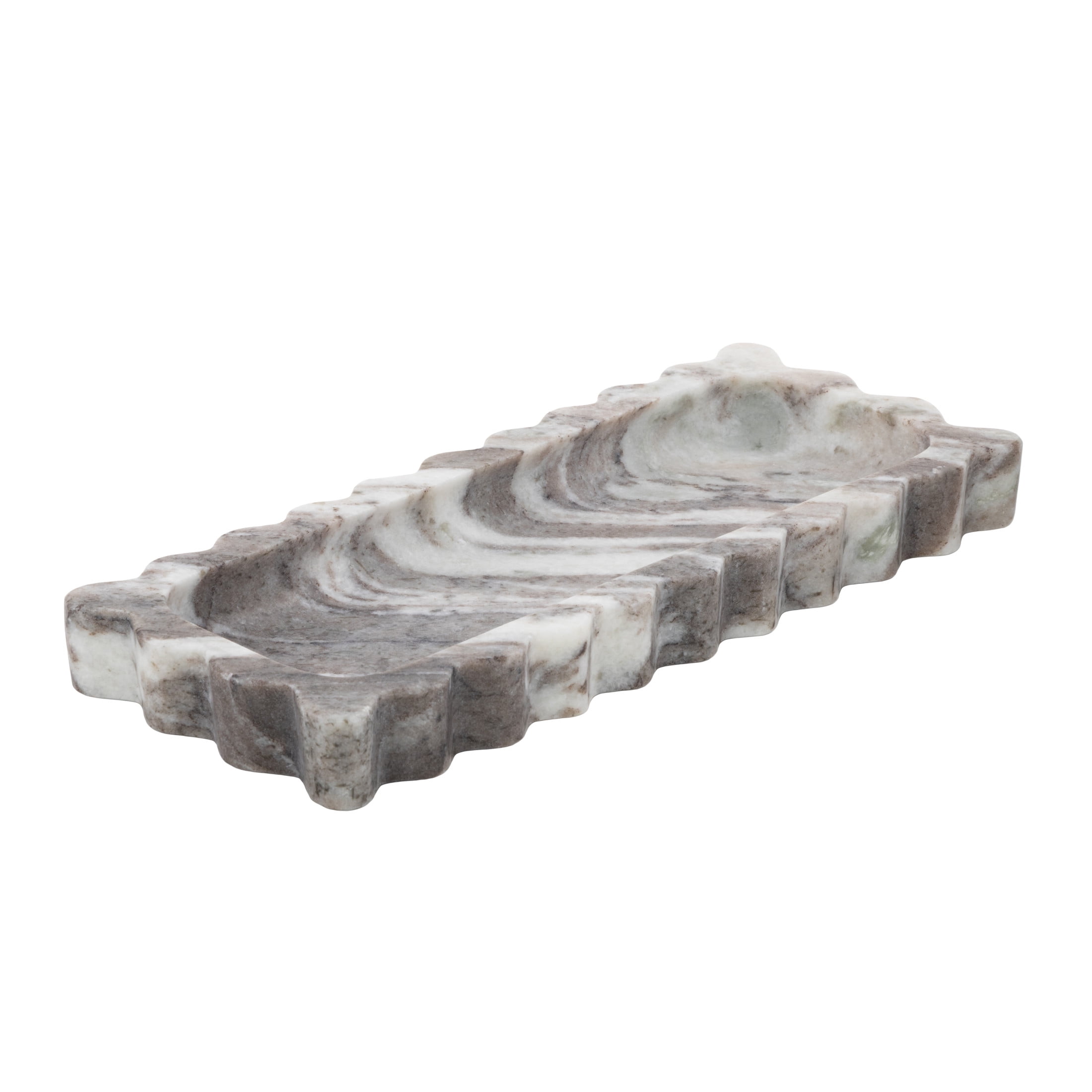 DecMode 12" x 5" Gray Marble  Tray with Brown Swirl Pattern and Wavy Edges, 1-Piece