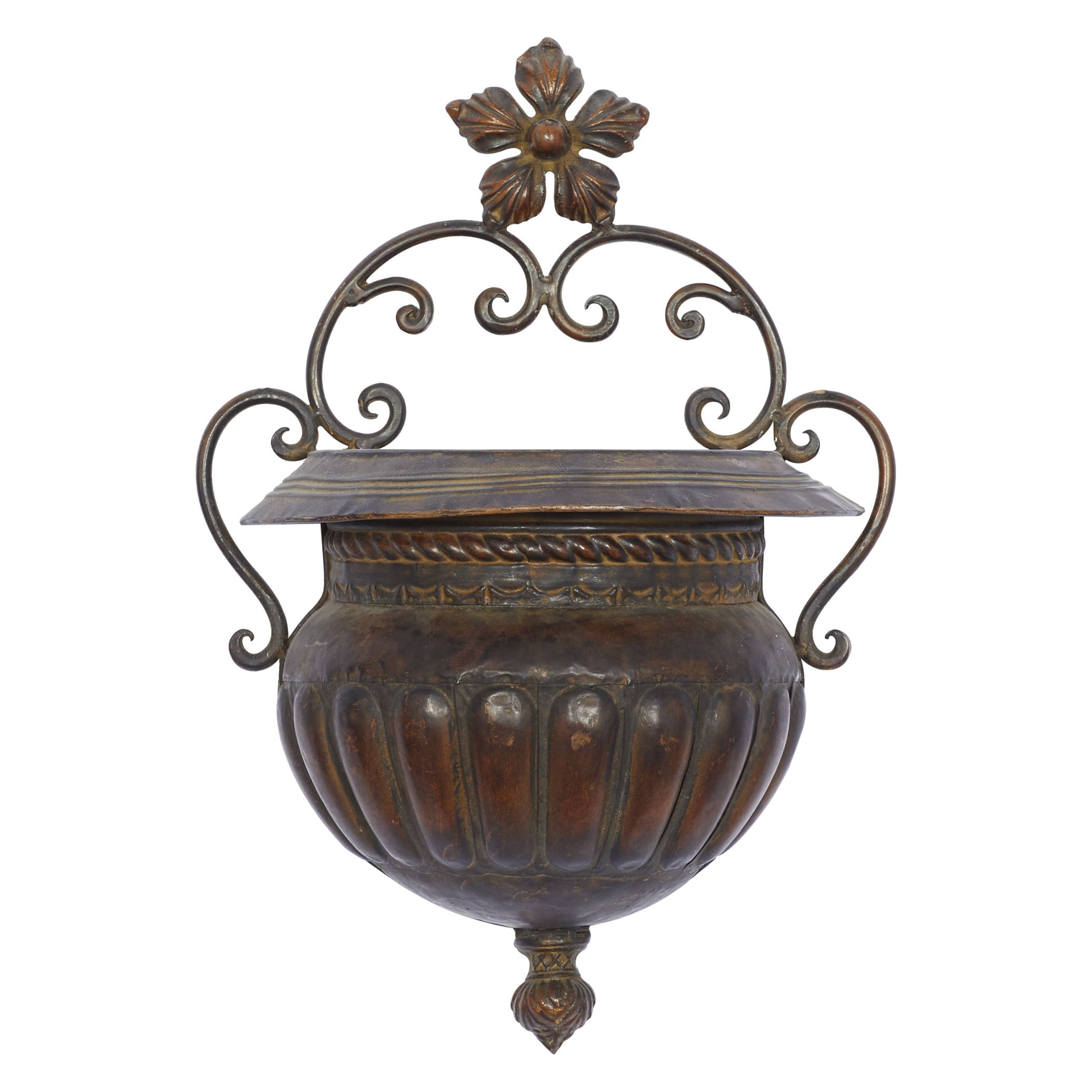 18-Inch Bronze Iron Scroll Wall Planter with Floral Finial
