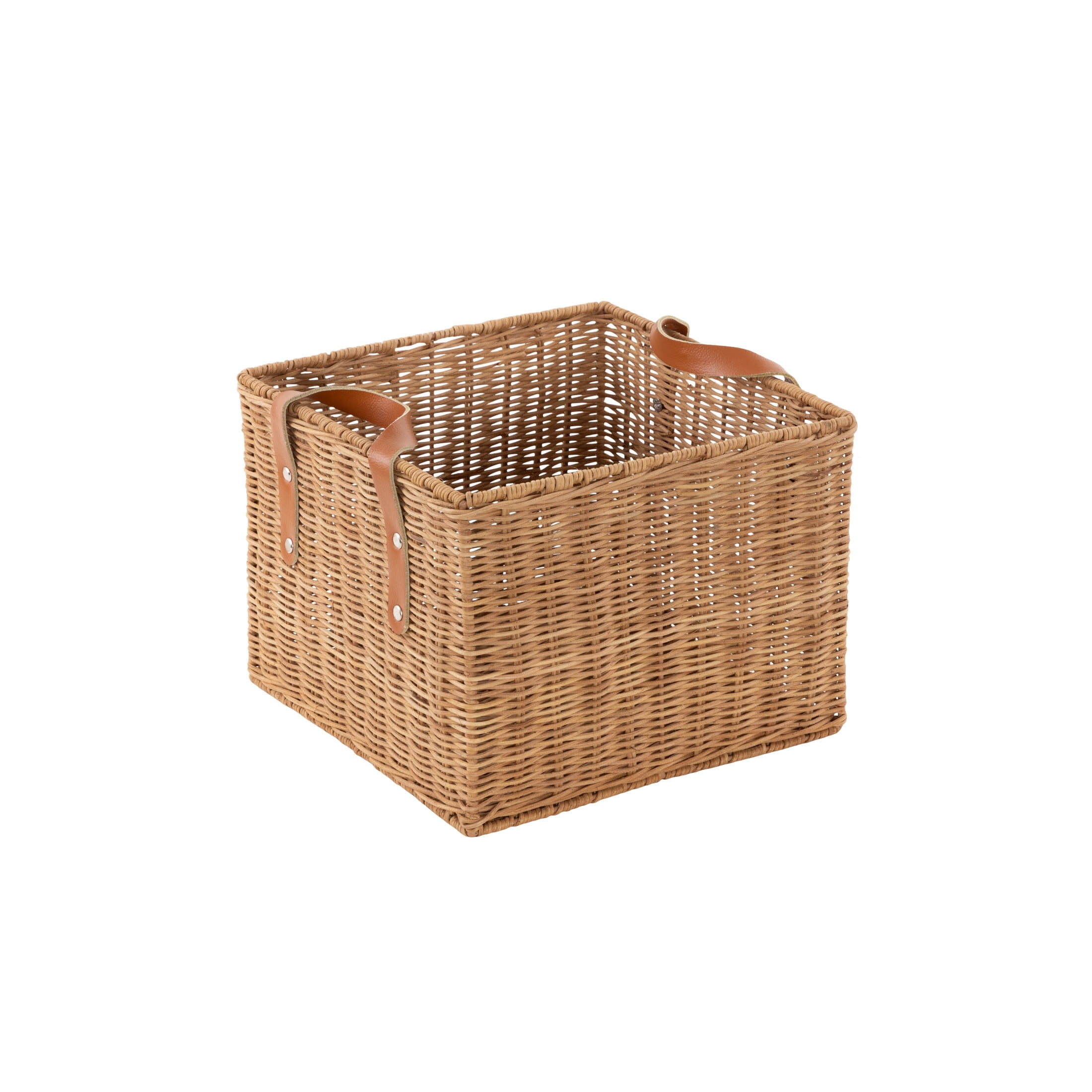 DecMode 12" x 9" Brown Rattan Handmade Woven Storage Basket with Leather Handles, 1-Piece