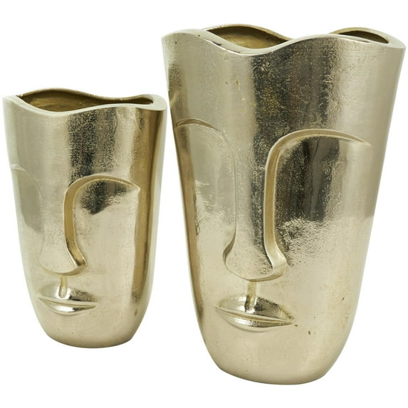 DecMode 13", 10"H Face Gold Aluminum Metal Vase with Abstract Details, Set of 2