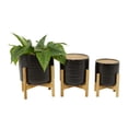 thumbnail image 1 of DecMode 13", 11", 10"H Black Ceramic Planter with Removable Wood Stand (3 Count), 1 of 9