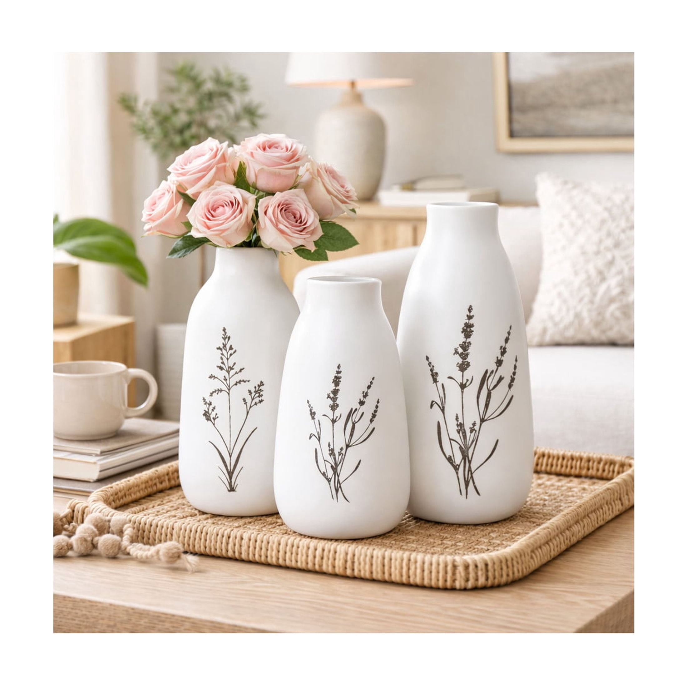 DecMode 13", 11", 12"H Floral White Ceramic Vase with Black Lavender Prints, Set of 3