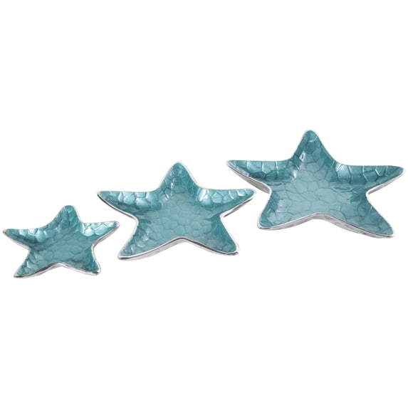 DecMode 13", 11", 7"W Handmade Asymmetrical Textured Enameled Starfish Aluminum Metal Decorative Bowl with Silver Base, Set of 3