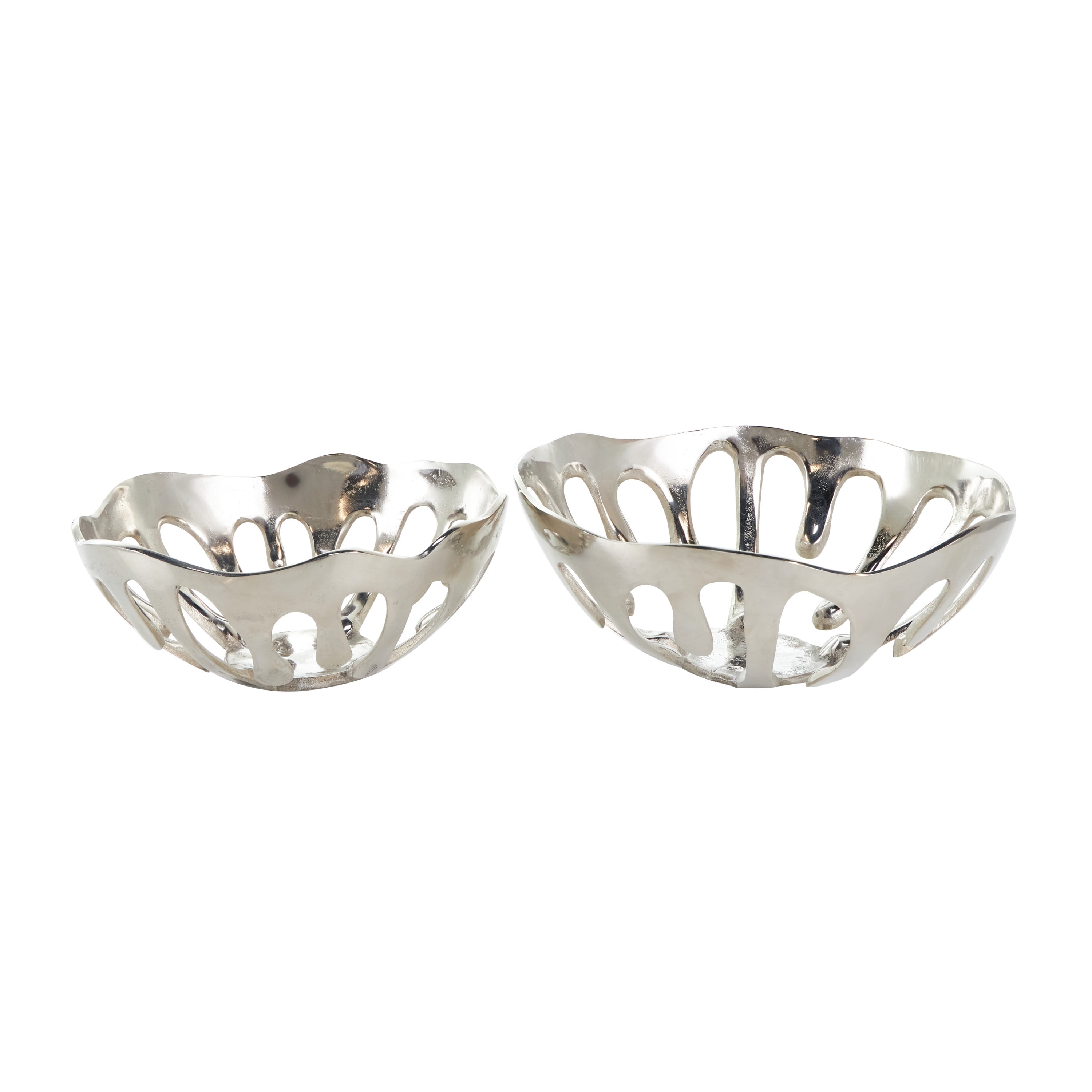 DecMode 13", 11"H Asymmetrical Drip Silver Aluminum Decorative Bowl with Melting Designed Body, Set of 2
