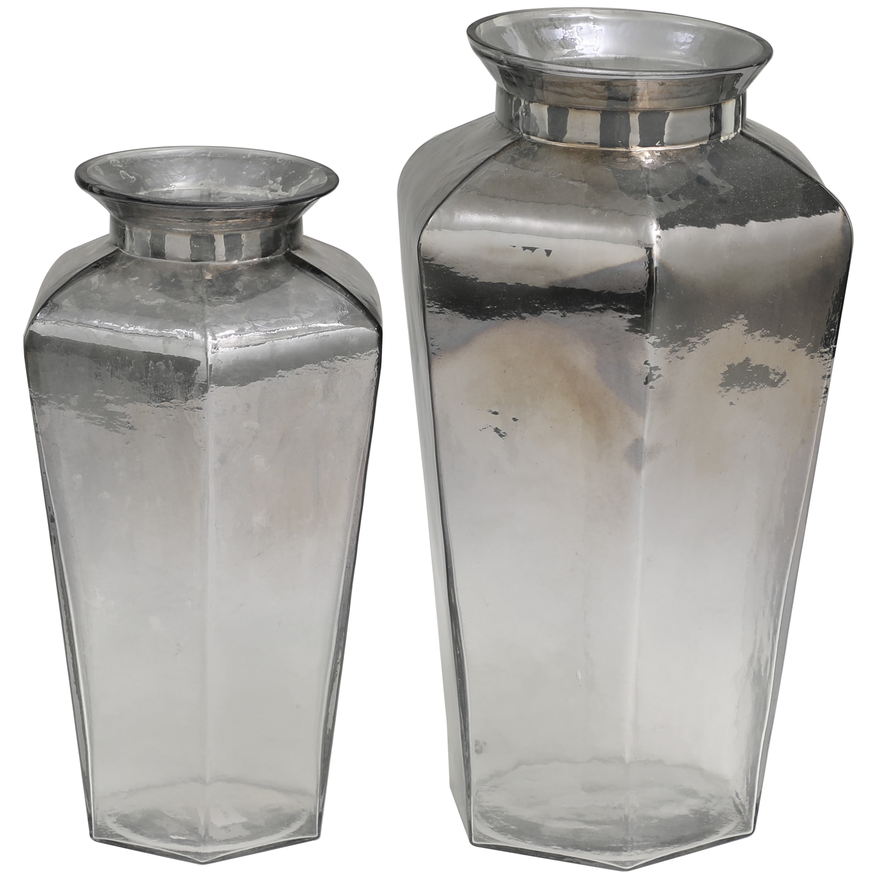 DecMode 13", 11"H Geometric Hexagon Gray Glass Vase, Set of 2